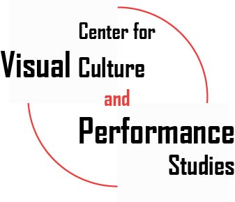 The Center for Visual Culture and Performance Studies logo: the name the center in a sans serif font, all in black except the "and," which is red. The words interrupt a thin circular line of red at 11 o'clock and 4 o'clock