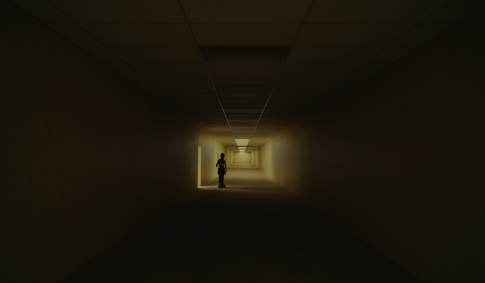 A silouetted figure stands in the middle ground of a tunnel-like hallway. The hal is dark in the foreground, and lit up via overhead office light panels in the beige background. It is deeply spooky.