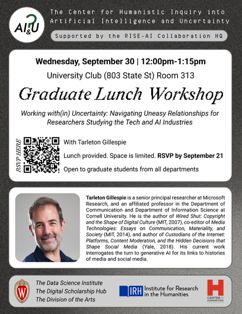 POster for the Graduate Lunch Workshop "Working with(in) Uncertainty: Navigating Uneasy Relationships for Researchers Studying the Tech and AI Industries." Open to graduate students from all departments. RSVP by September 21. 