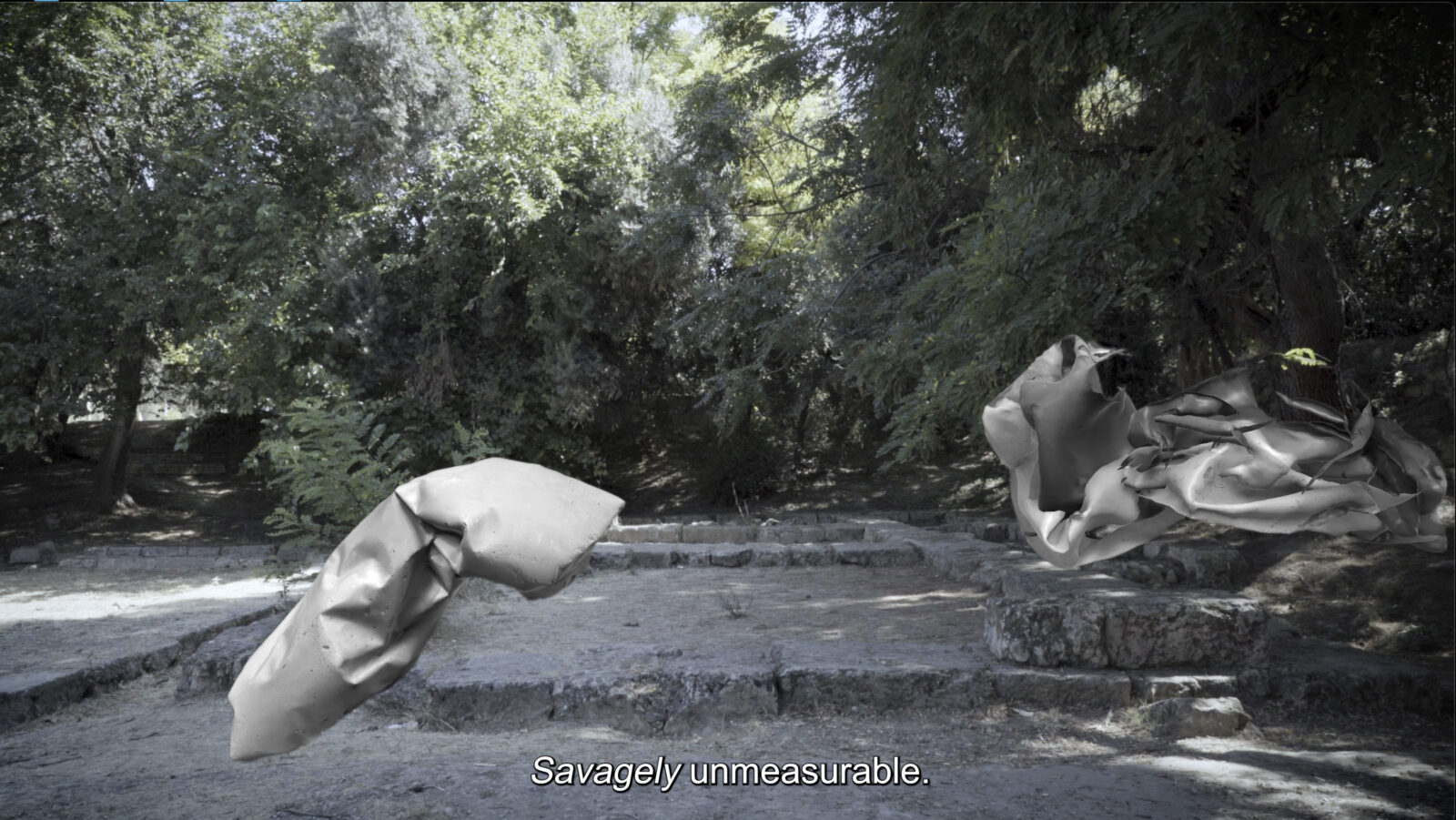 A film still in which a real outdoor setting of trees, shrubs, and stone-paved steps is interrupted by two large, unrecognizable grey digital artifacts. The artifacts, which take up about 1/6th of the frame, hover, between the viewer and the outdoors setting. At the bottom of the screen is the caption text "Savagely (in italics) unmeasurable."