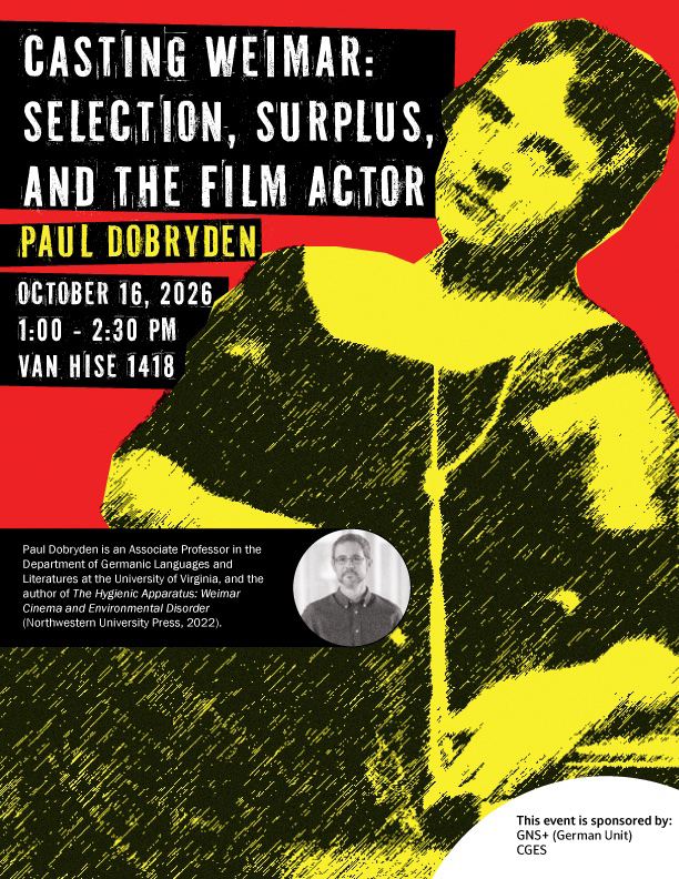 Poster for Casting Weimar. Bold graphics in yellow and black on a ground of red. A collage-style image of a woman with short hair and flapperstyle pearl necklace, reclining and making calm, unsmiling eye contact with the camera/viewer. 