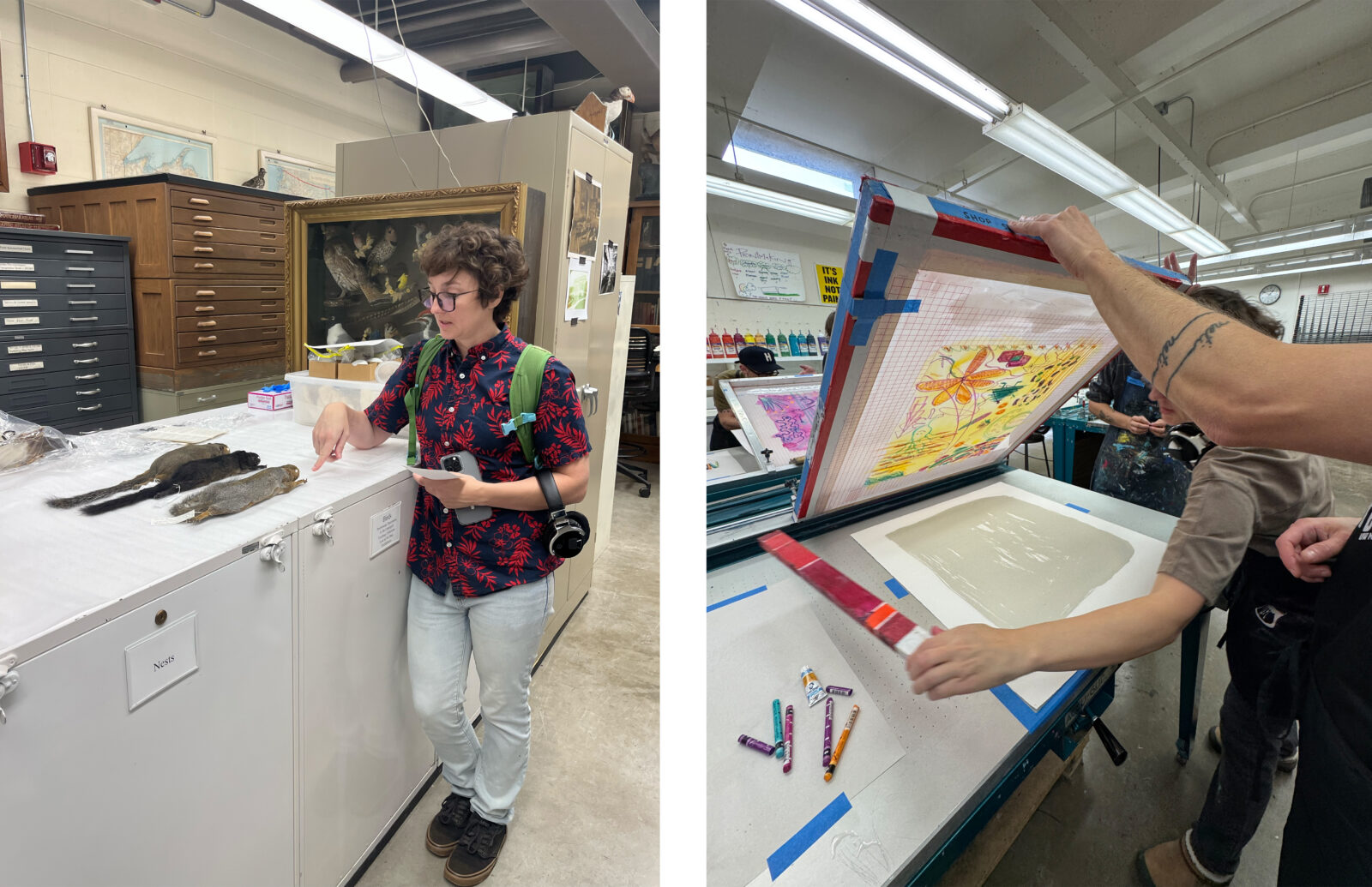 Dyptich in which Hamilton points at preserved squirrels in the UW zoological museum archive in the image on the left, and in the image on the right they are assisting with a screenprinting process in the screenprinting room in Mosse Humanities